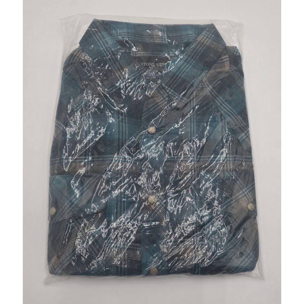 Stone Creek Men's Plaid Western Snap Button Down Shirt Teal Brown XL 151 NEW